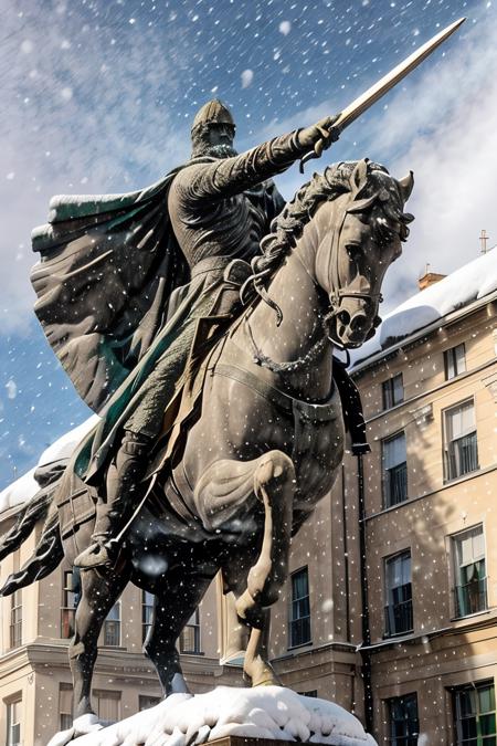 cid statue ,  sword in hand <lora:El cid:0.67>   four paws , snow in the  background ,horse in rampant motion , snowing hard