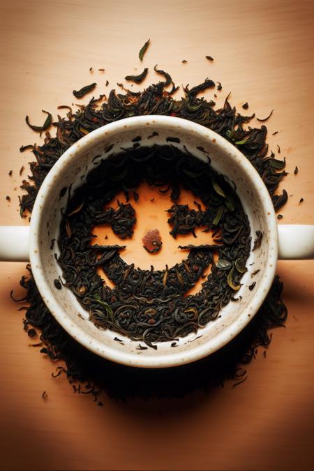 tea leaves forming the shape of a smiley face on the bottom of an empty tea cup  <lora:Tea_Leaf_Reading_Style_SD15:1.0>