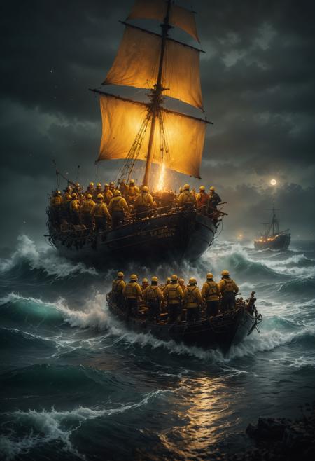 Tilt-shift photo of Fearless sailors on a maritime rescue mission in a lengthy white rowing lifeboat. They are wearing yellow clothing. They are rowing hard to reach a wrecked sailing ship visible in the far background. Heavy seas,eerie,moonless night,storm,fog,full body,dramatic oil painting in the style of Andreas Achenbach and William Turner,colorful,vivid colors,, ultra quality, ultra detailed, intricate details, 8k, hdr, rim light, chiaroscuro, golden hour, Bokeh, tilt-shift, masterpiece, dark shot, shadow, beautifully lit, dystopian, dynamic lighting, candle light, cinematic light, dense light rays, backlight . Selective focus, miniature effect, blurred background, highly detailed, vibrant, perspective control<lora:SDXLFaeTastic2400:1><lora:SDXLFaeTastic2400:1><lora:SDXLFaeTastic2400:1><lora:SDXLFaeTastic2400:1>