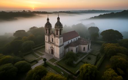 ,A misty fall dawn at the Church of Santo Domingo, showcasing its stunning baroque facade, vibrant tiles, and the atmospheric fog enveloping the surrounding gardens, with soft light breaking through, evoking a sense of history and tranquility,, sweeping landscapes, unique perspectives, epic scale, revealing hidden beauty, showcasing vastness, immersive experience, precise compositions, expert piloting, dynamic angles, cinematic storytelling, showcasing natural wonders, aerial exploration