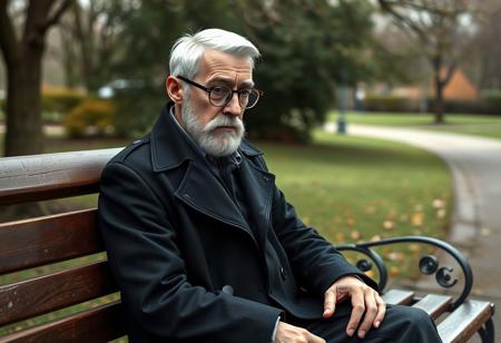 A highly detailed, semi-realistic 3D digital illustration style, long distance, full body view of an dignified and wise writer sitting on a bench in the park, looking disappointed, tired. The writer's short white hair is combed back from his forehead, revealing a slightly receding hairline. his short white sideburns and beard, his chiseled, narrow face with a strong jawline and prominent cheekbones. Thick, arched eyebrows sit above round, black-framed glasses on his sharp, narrow nose. His pale, healthy skin shows fine lines that reflect his experiences, with a slight rosiness in his cheeks. He wears a long black trenchcoat.  The young man has medium build, almost scroungy. Green Park, Spring, cold weather. Perfect hands.