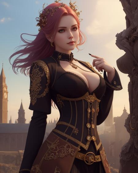 best quality,masterpiece,highly detailed,ultra-detailed, 1girl,<lora:neg4all_bdsqlsz_V3.5:-1>upper body, 
outdoors, fog sky,
 belt, pocket watch, holding weapon, saber, dynamic pose, fighting stance, victorian industrial cityscape, clock tower, cleavage cutout, center opening, corset, hair ornament, 
<lora:Pastels_last:1> <lora:pastelcolor_last:2> 
multicolored hair, colored inner hair, 
<lora:steampunk_last:2>
<lora:EnhancedDetail:1> 
by steampunk  art, fantasy art,Pistol bag, unreal engin 5,octane render,(2D:1.2), digital painting, artstation, concept art, smooth, sharp focus,art by ross tran and greg rutkowski and alphonse Mucha and  Bak Karol