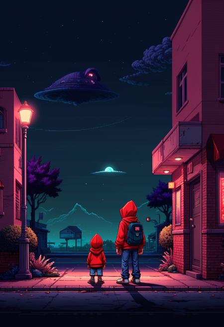 Digital animation in a retro video game pixel art aesthetic inspired by Earthbound, showing a child character with a red hooded sweatshirt standing under streetlights at night. The child is turned away from the camera and wears his hood up over his head. A backpack sits on his shoulders. In the distance behind him, an extraterrestrial creature in a building watches the boy with interest