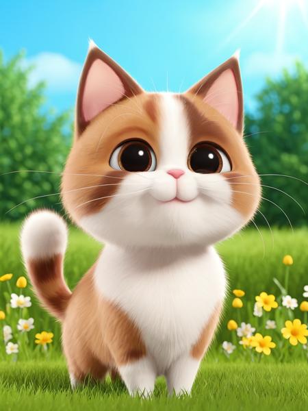 best quality, masterpiece, raw photo, 8k,uhd,cartoon,3d, TSLoP,a cute brown and white cat standing on the grass with flowers,sky,<lora:TSLoP:0.8>