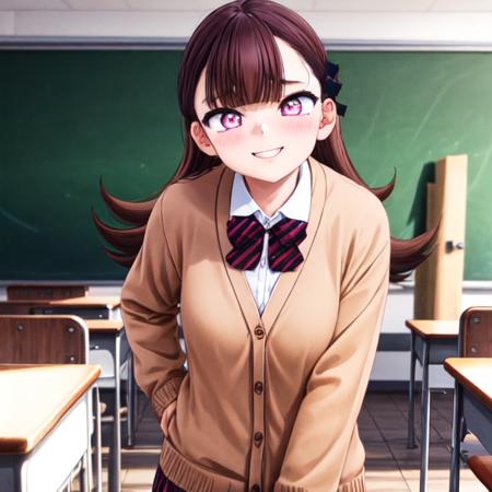 ren_yamai, 1girl, yandere+, creepy+, bow, purple_eyes, dark, shaded face, disturbing, solo, long_sleeves, cardigan, bowtie, bangs, collared_shirt, white_shirt, ribbon, classroom, angry, eyebrows_visible_through_hair, jacket, blunt_bangs, striped_bow, hair_ribbon, red_bow, shoes, loafers, looking_at_viewer, standing, brown_footwear, black socks, long_socks, crazy smile, constricted pupils, head tilt, cinematic, masterpiece, embellishments, detailed, <lora:make25d_type1_v100:1>