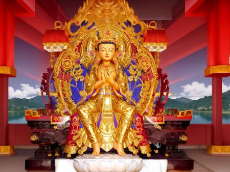 a statue of a Maitreya Bodhisattva sitting on a throne, digital painting of a pagoda, river flowing beside the robot, a beautiful buddhist mandala, images on the sales website, robes with golden characters, within a lake, photorealiste, featured art, listing image