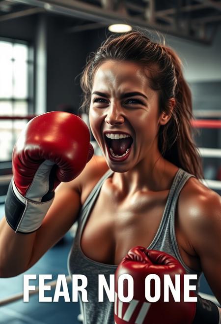 inspirational motivational poster, hdr photograph taken from the corner of a kick boxing ring inside a modern gym, close up of a sweaty female fighter wearing slim padded gloves, a loose fighting tank top wet from sweat, her throat tensed as she is screaming from joy after her victory, she stares deeply into the eyes of the viewer, with title text that reads "FEAR NO ONE"