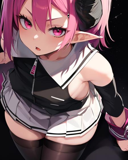 Raspberyl,pointy ears, black horns, pink eyes,  solo, cute expression, upper body, 
RaspAtt, jacket white sailor collar, zipper, white skirt, wrist cuffs ,black thighhighs ,  bat wings on back, demon tail above buttocks, skull, black shoes,  bare shoulders,  sleeveless,
outer space,  stars,  schoolyard, 
(insanely detailed, beautiful detailed face, masterpiece, best quality)        <lora:Raspberyl:0.8>