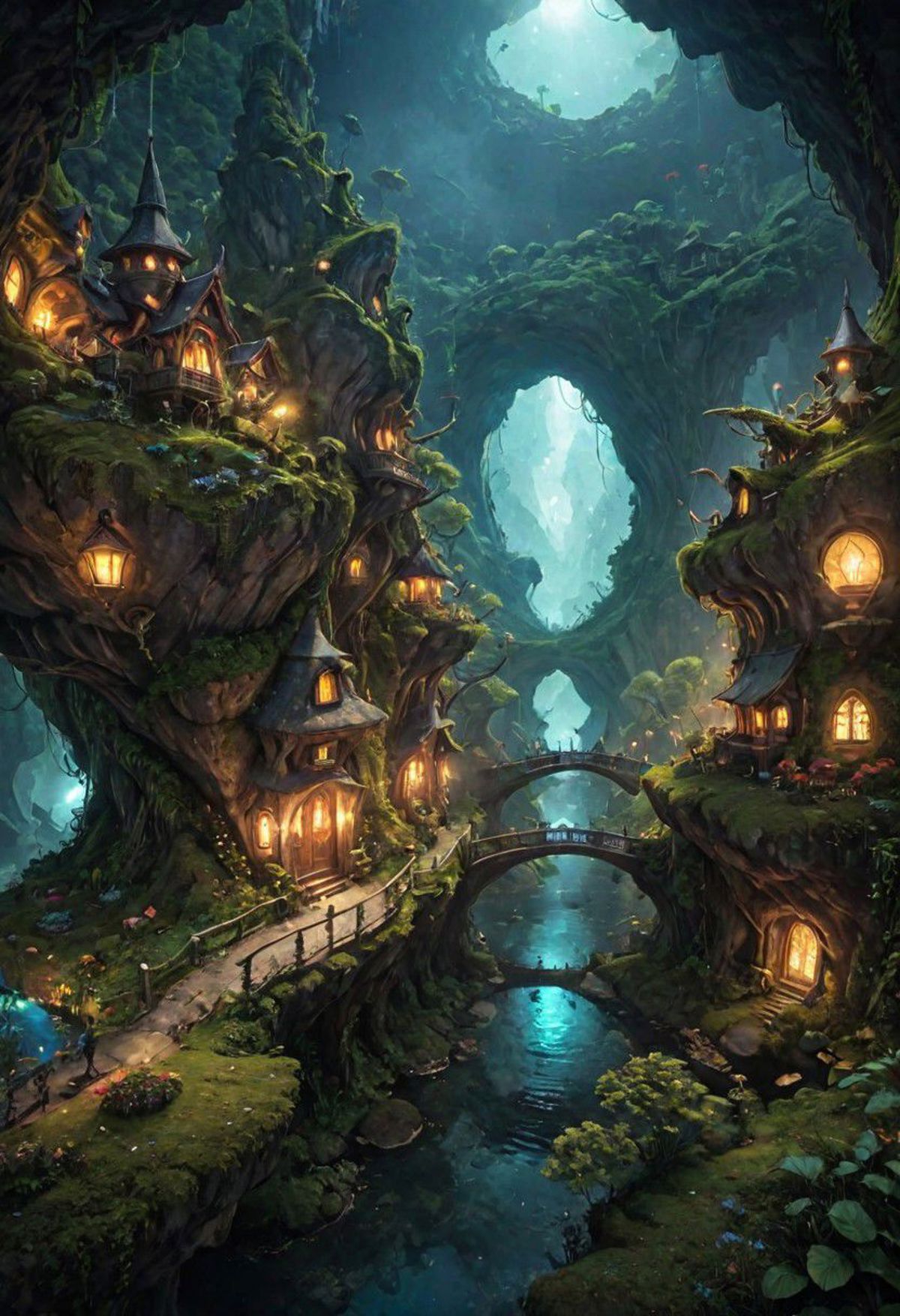 A fantasy scene with a bridge crossing over a river, surrounded by houses, trees, and a jungle-like environment.