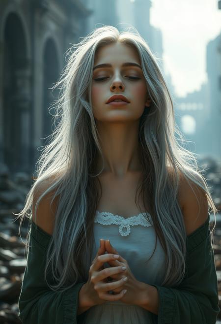 A beautiful young woman with silver hair tinged with blue, praying in a ruined dark city