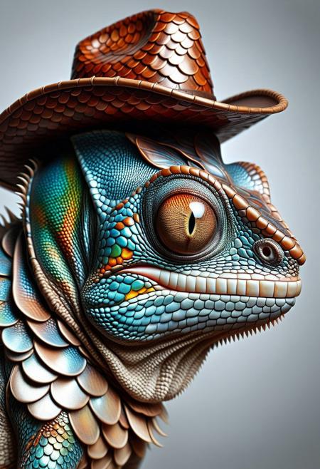 aesthetic, masterpiece, absurdres, realistic, raw photo, intricate details , surreal,
scaleboundsdxl
Portrait photography, studio quality, head shot,
An anthropomorphic chameleon, wearing a cowboy hat covered in scales, licking eye,