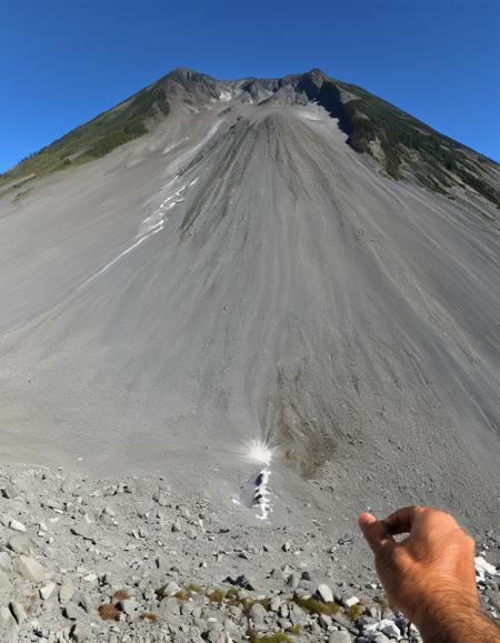 <lora:sdxl_headpat_v1-000075:1.0> petting Mt. St. Helens, cinematic photo