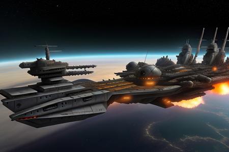 a space pirate battleship among the ruins of an advanced, futuristic city