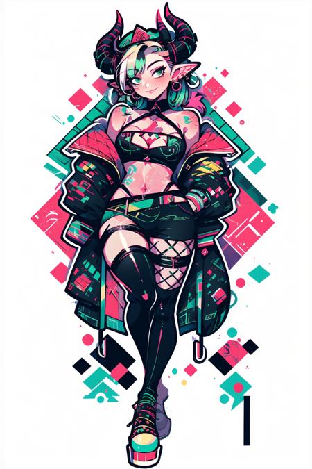 <lora:ChinaChic:1>, 1girl, solo, virtual youtuber, multiple horns, cleavage cutout, horns, thighhighs, breasts, sleeves past fingers, jacket, clothing cutout, fishnets, multicolored hair, single leg pantyhose, black jacket, cleavage, white background, green eyes, medium breasts, green hair, sleeves past wrists, tiara, single thighhigh, asymmetrical legwear, spikes, blue hair, thigh strap, smile, pointy ears, black dress, streaked hair, looking at viewer, short hair, off shoulder, head tilt