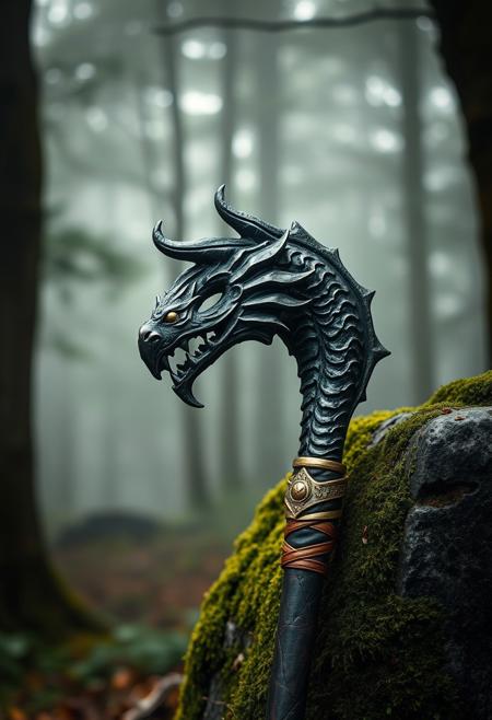 A hyper-realistic portrait, photorealistic photo close-up image of a magical bronze sculpture of a dragons claw leaning against a moss-covered stone in a dense, misty forest. the mage staff is weathered, with worn leather and gold on the handle, but gleams with a fierce history. Ultra sharp detail, flawless composition, muted natural colors, High Definition HD, ancient warrior aesthetic, cinematic lighting, perfect outdoor realism, bokeh.(photography, high-resolution, dynamic, energetic, hyper-realistic, dramatic lighting, shallow depth of field.),