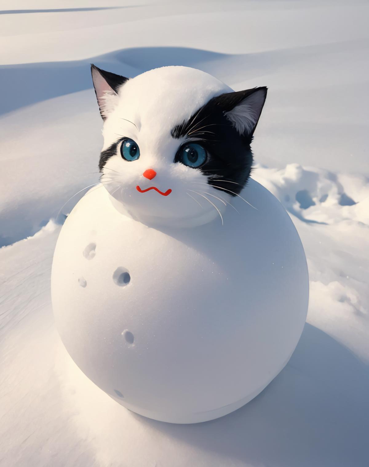 A black and white cat with blue eyes sitting on top of a snowball.