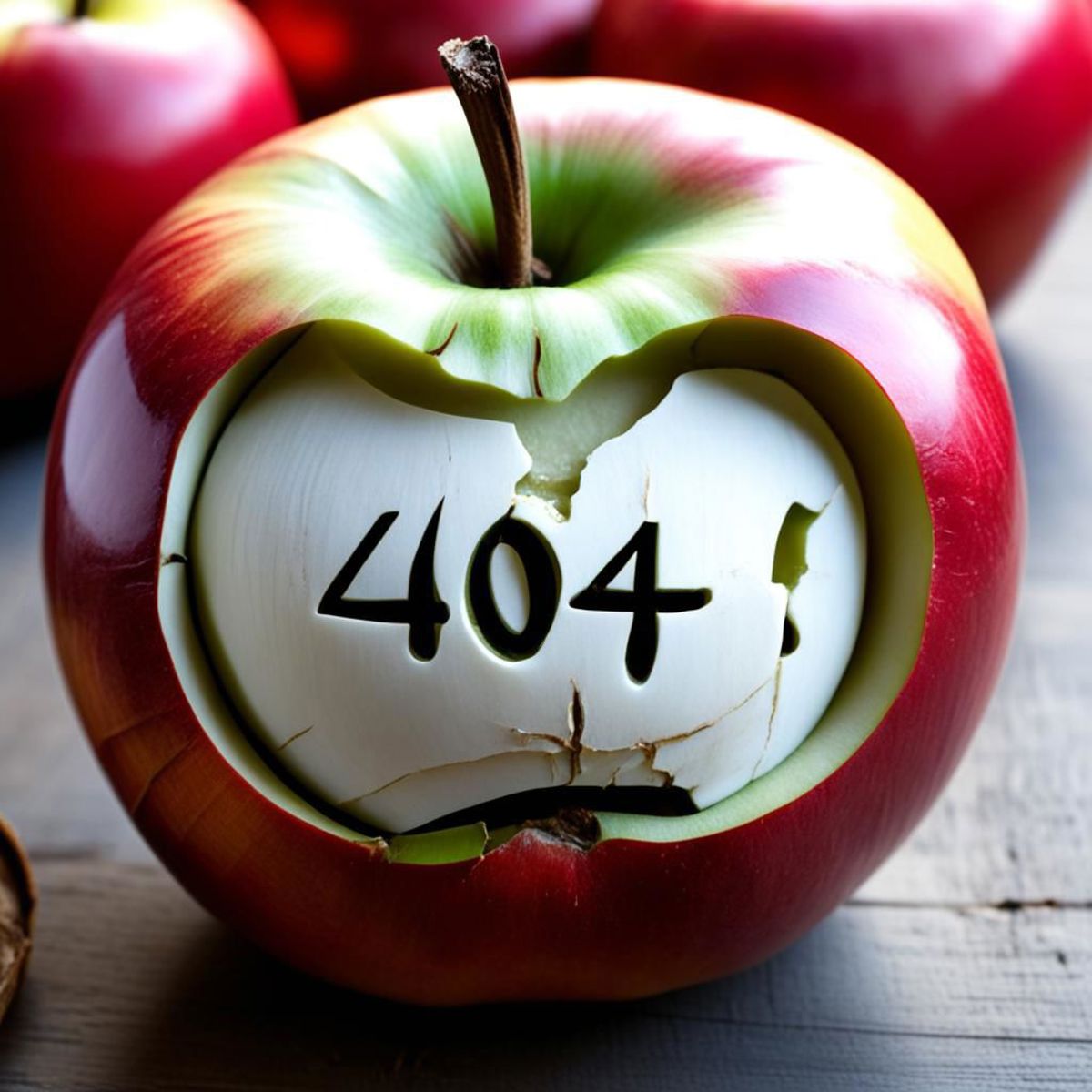 A red apple with a bite taken out of it and the number 404 written on the side.