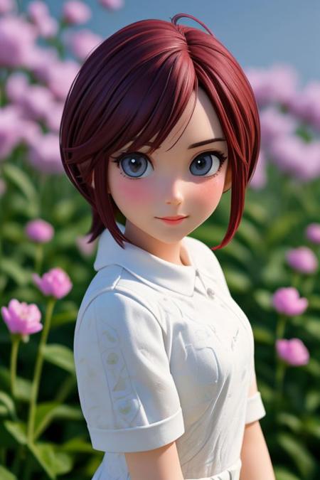 medium shot, beautiful 18yo female, casual spring flower-patterned-dress, chiseled face, blushing, dimples, solo, skinny, spring flower garden, vivid colors, optimal-lighting, pov face, (3d, pixar)(detailed, highres, best-quality)