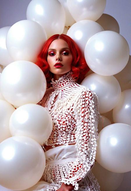 fashion portrait photo of beautiful young woman from of a ton of white balloons, taken on a hasselblad  iconoclastic pinnacle of creativity with intricate details, (cadmium red and electricblue colors:0.1),(looking at the viewer), (Francis Drake : 1,2) ((best quality)), (artistic photography by Philippe Halsman and Ara Gler:1.2), (bubblegumpink and striped colors:0.1), <lora:MJ52:0.65>
(Ethel Warwick:1.3), modelshoot, pose, , (Ethel Warwick: 1,2) award winning photo macro shot of a beautiful young woman lying , , dynamic lighting, cinematic still, pale skin, screencap, 100mm f/2.8 macro lens, on the knees)(((dynamic pose:1.2),(dynamic camera),(amateur photo:1.3,art retouch,, ),
full body, battle stancevibrant, neon colors, , highly detailed,byJocelyn Hobbie and Charles Dwyer, Triadic color guide,Leica Q2 with Summilux 28mm f/1.7 ASPH, ,clear face, Ultra High Resolution, wallpaper, 8K,Rich texture details, hyper detailed, detailed eyes, detailed background, dramatic angle, epic composition, SimplepositiveXLv1 (masterpiece, high quality, fisheye:1.2), solo, model photoshoot, (black theme:1.1), a stylish girl,
