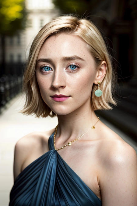 Saoirse Ronan, portrait of a woman with a composed and pleasant expression. She has shoulder-length blonde hair styled in a sleek, straight bob. Her makeup is polished, featuring defined eyebrows, subtle eyeshadow, mascara-enhanced lashes, and pink lipstick. She is wearing a blue dress or top with a long V-neckline, suggesting an approachable and wicked appearance. Accessories include stud earrings and a delicate necklace, adding a touch of elegance to her look. The background is blurred, focusing attention on her, and the lighting is bright and even, flattering her features without creating harsh shadows. . Ultra detailed, sharp edges, award winner photograph