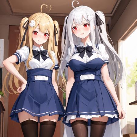 2girls, indoors, ADDBASE,
blonde hair, long hair, ribbon, red eyes, two side up, hair ribbon, hair ornament, black ribbon, ahoge, (small breasts), blush, very long hair, bangs, ADDCOL,
white hair, long hair, ribbon, red eyes, two side up, hair ribbon, hair ornament, black ribbon, ahoge, (large breasts), blush, very long hair, bangs, ADDROW,