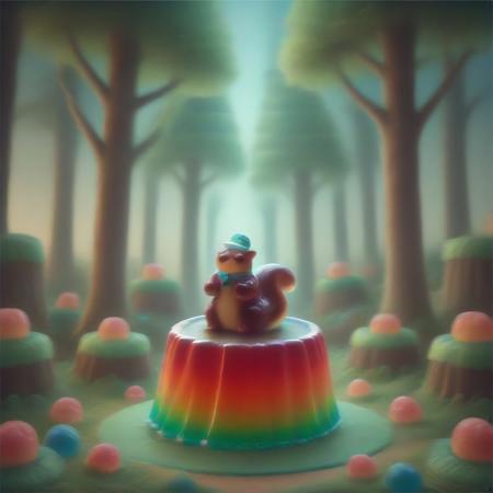 cute, fruit, tree stump, tree, cute brown squirrel, hat, made of Jellystyle style, necktie, photo background, flower, box, forrest