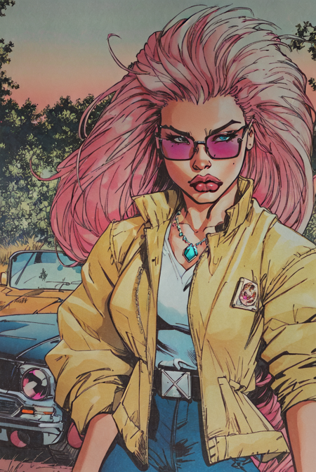 JoeMad, masterpiece, best quality,1girl, solo, pink skin, long hair, tinted eyewear, necklace, 80s aesthetic, Synthwave, motor vehicle, jewelry, ground vehicle, mole, jacket, mole under mouth, sunglasses, pink hair, cowboy shot, pink-tinted eyewear, belt, pants, jacket on shoulders, bangs, white hair, car, shirt, colored skin, pink theme<lora:JoeMad-10:1>