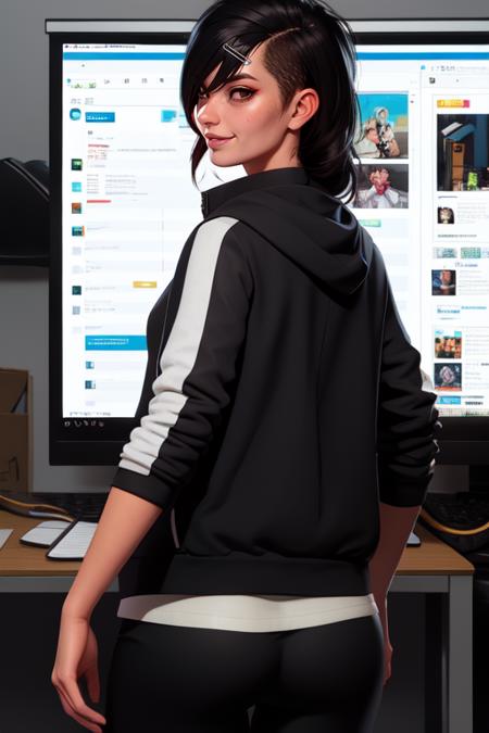 Rinko, brown eyes, hair to side, shaved head, hairclip, 
black jacket, black pants, white undershirt with red logo, 
standing, upper body, facing viewer,  smile, smug,  looking back, 
computer desk, cyberpunk, from behind,  
(insanely detailed, masterpiece, best quality),
solo,  <lora:Rinko:0.7>s