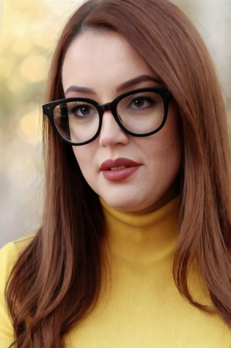 Photo of beautiful j3ssc4r0l1n3 woman, detailed face, (blurred background)+, yellow turtleneck blouse, analog film grain, lipstick, glasses