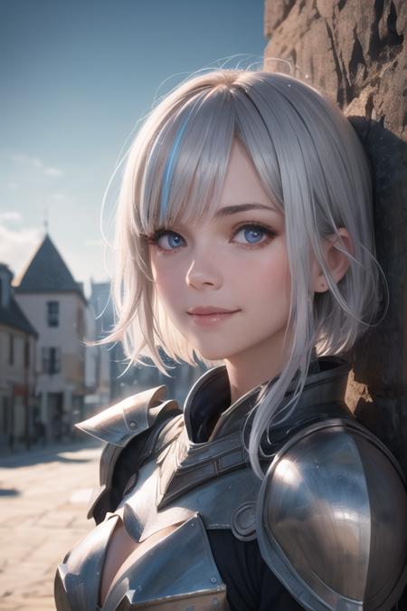 1girl,solo,cute detailed face,smile ,armored dress,silver hair,multicolored hair,fantasy,town horizon,8K Raw photo,photorealistic, cinematic lighting,film glain,sharp focus,realistic , depth of field