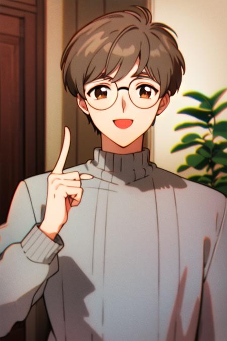 masterpiece, best quality, <lora:tsukishiro_yukito:0.7>  1boy, solo, retro artstyle, male focus, grey hair, 1990s \(style\), glasses, smile, open mouth, brown eyes, index finger raised, upper body, sweater, looking at viewer, long sleeves, round eyewear, short hair, :d, film grain, hand up, indoors