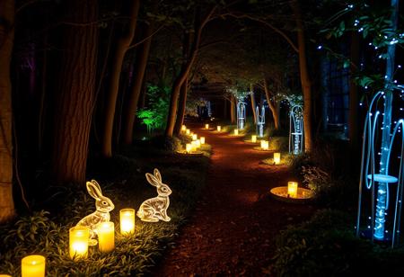 Forest path illuminated, with bunnies and glass bunnies and candles and lights