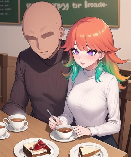 1girl, takanashi kiara, faceless male, happy sitting in cafe table, purple eyes,  best quality, indoors, date, cheesecake slice, tea [bald:3]
<lora:faceless-11:0.9>