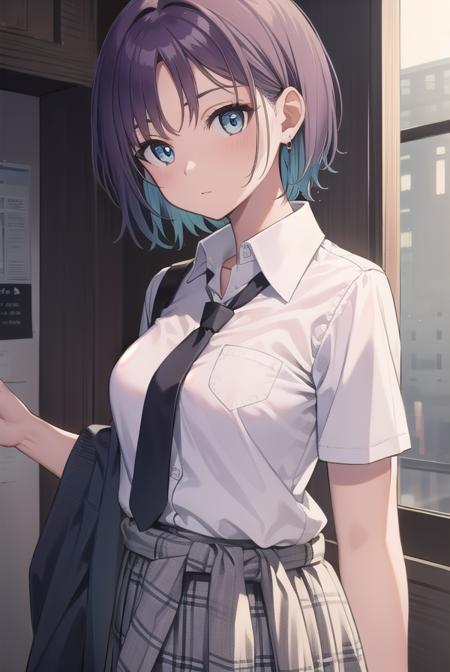 toruasakura, <lora:toruasakuratest:1>, 
toru asakura, blue hair, earrings, gradient hair, multicolored hair, parted bangs, purple hair,
BREAK cardigan, cardigan around waist, clothes around waist, loose necktie, open collar, plaid, plaid skirt, pleated skirt, school uniform, skirt, sleeves rolled up, wristband,
BREAK looking at viewer,
BREAK indoors, classroom,
BREAK <lora:GoodHands-vanilla:1>, (masterpiece:1.2), best quality, high resolution, unity 8k wallpaper, (illustration:0.8), (beautiful detailed eyes:1.6), extremely detailed face, perfect lighting, extremely detailed CG, (perfect hands, perfect anatomy),