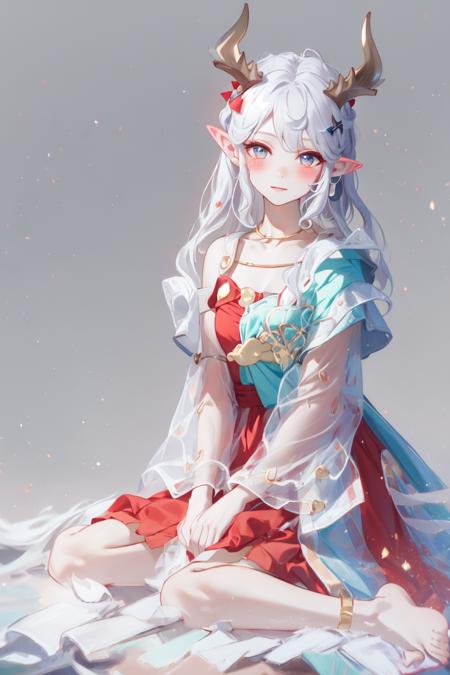 masterpiece, best quality,
solo,blush,
full body,
1gir,yaoyao,silver hair,dress,pointy ears,blue capelet,(white horns:1.2),bow,
sitting, looking at viewer,
white simple background, 
<lora:yaoyao_v0.4:0.85>