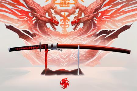 katana, (katana holder), (red katana), (white simple background), (made by steel), (high detailed katana), (smooth texture), (red dragon symbol on background : 1.5), symmetry, high quality, highres, (dragon symbol),