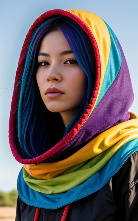 concept art ((best quality)), ((masterpiece)), (detailed), A captivating solo portrait of a girl with a vibrant hood and multicolored hair, gazing directly at the viewer with an intense expression. Camera angle: Close-up, eye-level shot, highlighting the mesmerizing colors of her rainbow hair and the intricacies of her hood. . digital artwork, illustrative, painterly, matte painting, highly detailed