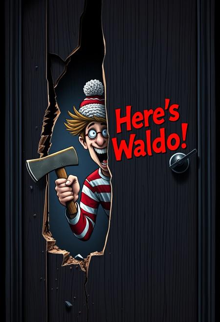 "Iconic scene from The Shining, reimagined with Waldo from the Where's Waldo books as the main antagonist. Waldo is desperately trying to force the door open, axe in hand, chopping a hole through the middle of the door. He's staring through the hole, his eyes wild and maniacal, as he prepares to burst through. The door is splintered and broken, with wood shavings and debris scattered everywhere. Waldo's signature red and white striped shirt is visible through the hole, and his bobble hat is askew, adding to his crazed appearance. The phrase "Here's Waldo!" is written in bold, blood-red letters on the door, replacing the original phrase. Style: dark, ominous, and highly detailed, with a focus on capturing the intensity and menace of Waldo's character in this iconic horror scene."