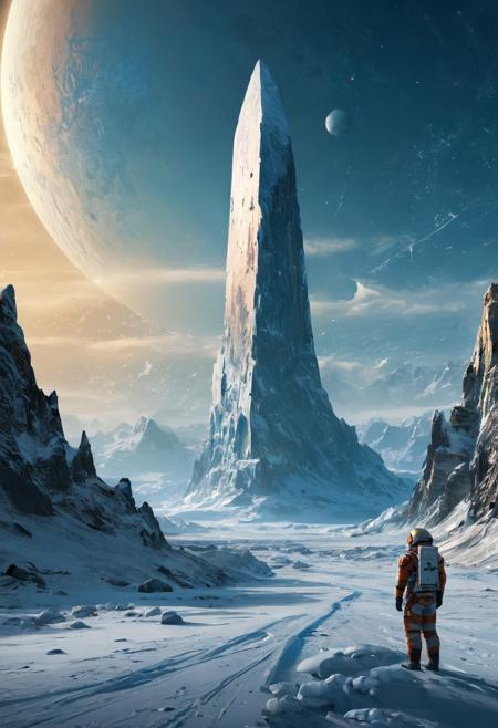 A lone astronaut stands on a frozen exoplanet, staring at a towering monolith of unknown origin, its surface pulsing with shifting star maps and equations far beyond human understanding. The overall style is futuristic with a touch of fantasy and mystery.