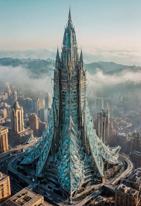 towering skyscrapper loom, their peaks veiled in mist.precious stones,  intricate details, natural lighting, volumetric the headset in all its glory. swirlysci-fi light blue intricately detailed, complex, elegant, expansive, fantastical, film photography style,  medium grain, FRESHIDESH Moebius comic book