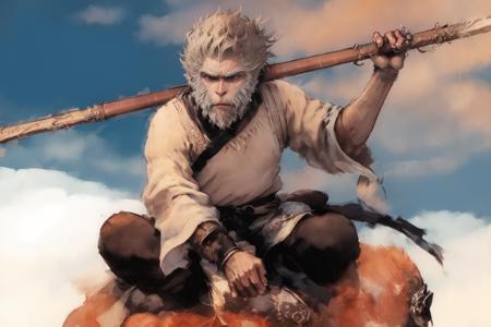 black monkey king, 1boy, beard, cloud, cloudy_sky, facial_hair, holding, holding_weapon, japanese_clothes, male_focus, mustache, old, old_man, outdoors, painting_\(medium\), polearm, sky, solo, spear, traditional_media, weapon