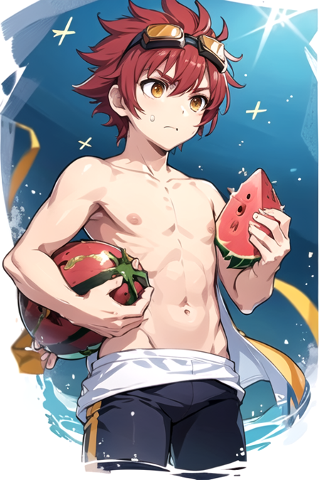 <lora:JinKaien-10:0.745> , jingc, solo, 1boy, holding, yellow eyes, male focus, red hair, food, fruit, eating, holding food, spiked hair, goggles, goggles on head, topless male, watermelon, swim trunks