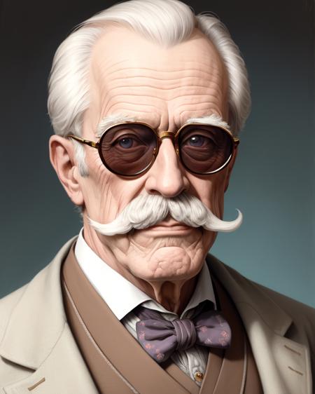 hyper detailed painting of a cool chilled confident elderly Victorian 1gentleman with an extravagant large straight symmetrical 1moustache, wearing round 1sunglasses, muted pastel colour scheme, studio lighting, plain background,