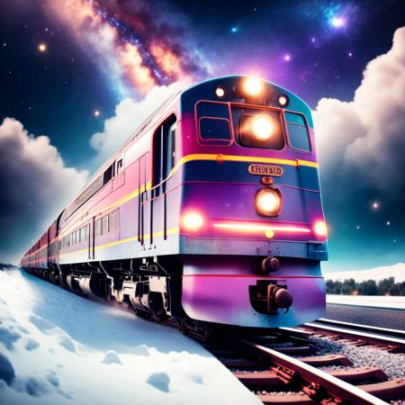 (CosmicTrain style:1) train traveling down train tracks <lora:djzCosmicTrainV21:0.8>