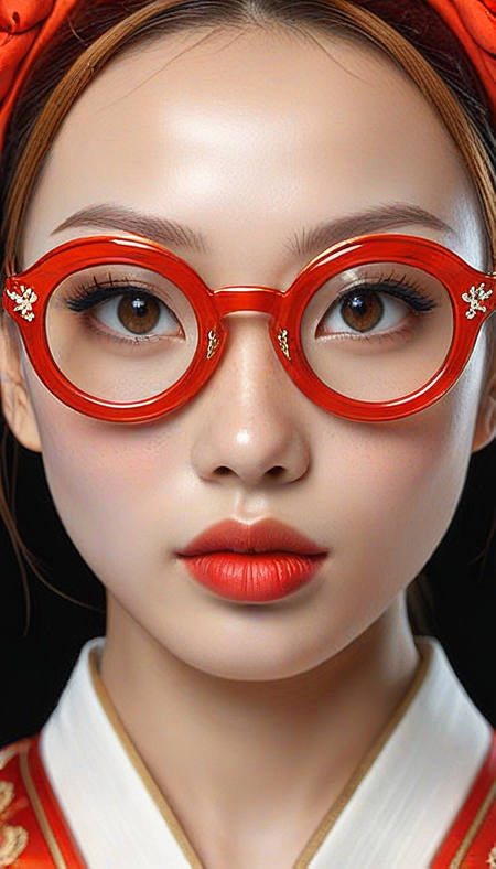 Close-up gorgeous Japanese girl face , sexy, hot, cute, (bangs:1.1), freckles, light tan, striking red large eyes, aligned eyes, mirror eyes, (half smile:1.1),
(wearing very detailed Venetian Mask:1.1), small tender chin, ginger hair,(double bun hair), round red glasses, red Traditional Clothing,
BREAK,
very long lashes, trendy portrait,
tender Aesthetic nose, ears, puffy lips, sensual lips, detailed texture, detailed eyes, detailed skin, clean skin, red Traditional Clothing,
<lora:Someplastic_b:1>, (ultra sharp focus:1.8), (detailed skin:1.8), (thin lines:1.8), (best quality:1.8),
<lora:Apparatus_-_Traction_City_Walkers_Vehicles:0.7>,
<lora:add-detail-xl:0.7> (ultra sharp focus:1.8), (detailed skin:1.8), (thin lines:1.8), (best quality:1.8),
<lora:glowneon_xl_v1:0.7>