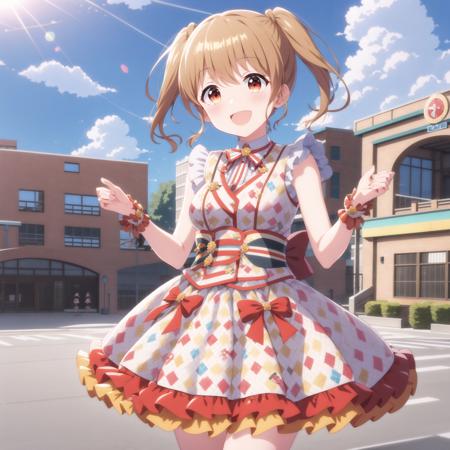 (high quality, best quality, masterpiece), 1girl, solo, kawasaki sakura, idol-outfit, <lyco:sakura-000008:0.75>, smile, blush, open_mouth,  outdoors, blue_sky, cloud, light_rays, hdr, <lyco:GoodHands-beta2:0.85>, 4k, 8k, absurdres, detailed, absurdres, sharp