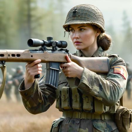 concept art of a woman in a camouflage outfit holding a rifle and sticky booms Saving Private Ryan Cinematic Film Style
 <lora:Saving Private Ryan Cinematic Film Style:1>
 <lora:PerfectEyesXL:1> <lora:lora6:1>
 <lora:perfect hands:1>
perfect hands, digital artwork, illustrative, painterly, matte painting, highly detailed