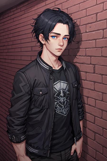 Xander Ellis,  1boy,  male focus,  solo,  blue eyes,  black hair,  jacket,  freckles,  brick wall, <lora:EMS-45587-EMS:0.400000>