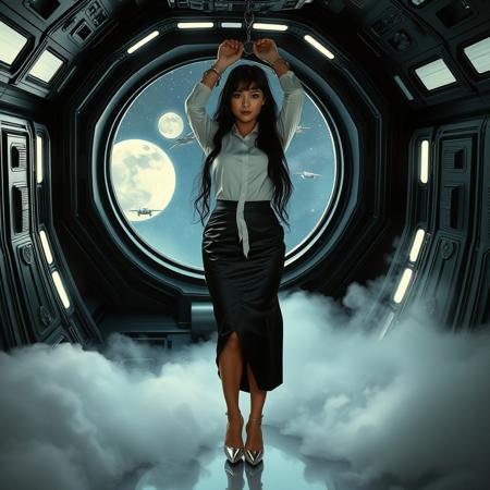 In the opulent black cabin of an imperial spaceship, Ethereal, slender, ultra thin waist, tall, raven-haired Norwegian secretary  clad in black satin satin skirt, white silk chiffone blouse and  silver high heels, standing hands cuffed above head and hanged by thin chain,  legs spreaded wide apart and bound to the floor, fog from the foor. weird sci-fi  machine surrounging her head,  orgasm face. Isituated near a massive observation porthole, offering a breathtaking vista of the stars, a glowing moon, and sleek TIE fighters soaring through the void. .  while soft, ethereal lighting illuminates the scene, blending the elegance of Gustav Klimt, the luxury of Albert Moore, and the futuristic vision of Syd Mead.