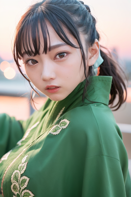 1girl,(wearing an elegant green kimono),(ponytail hairstyle),(RAW photo, best quality), (realistic, photo-realistic:1.4), masterpiece, an extremely delicate and beautiful, extremely detailed, 2k wallpaper, Amazing, finely detail, extremely detailed CG unity 8k wallpaper, ultra-detailed, highres, soft light, beautiful detailed girl, extremely detailed eyes and face, beautiful detailed nose, beautiful detailed eyes,cinematic lighting,city lights at night,